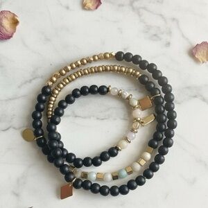 Triple Wrap Stretch Bracelet | Black Wood, Aventurine & Gold Bead Stack
